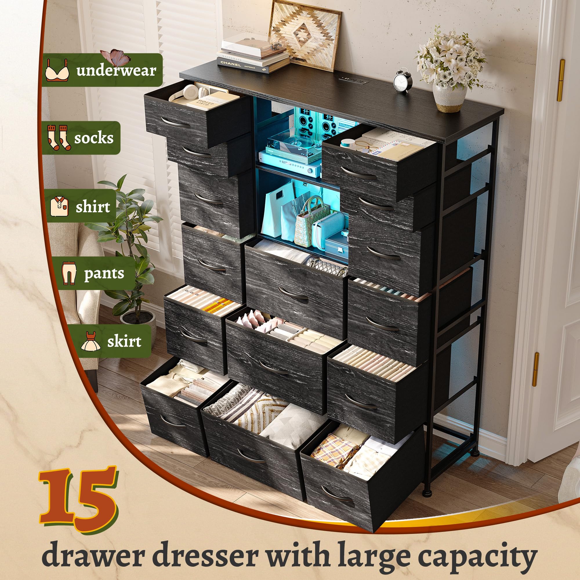 EnHomee 51" H Tall Dressers with Hutch 15 Drawer Dresser for Bedroom with Charging Station & LED Lights Sturdy Black Bedroom Dresser,Steel Frame, Wood Top, 51.2" H x 39.3" W x 11.8" D