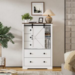 PAKASEPT 5 Drawers Dresser, Farmhouse Modern Tall Dresser 5 Chest of Drawers, Sliding Barn Doors Dresser Chests for Bedroom, Hallway, Living Room, Kids Room