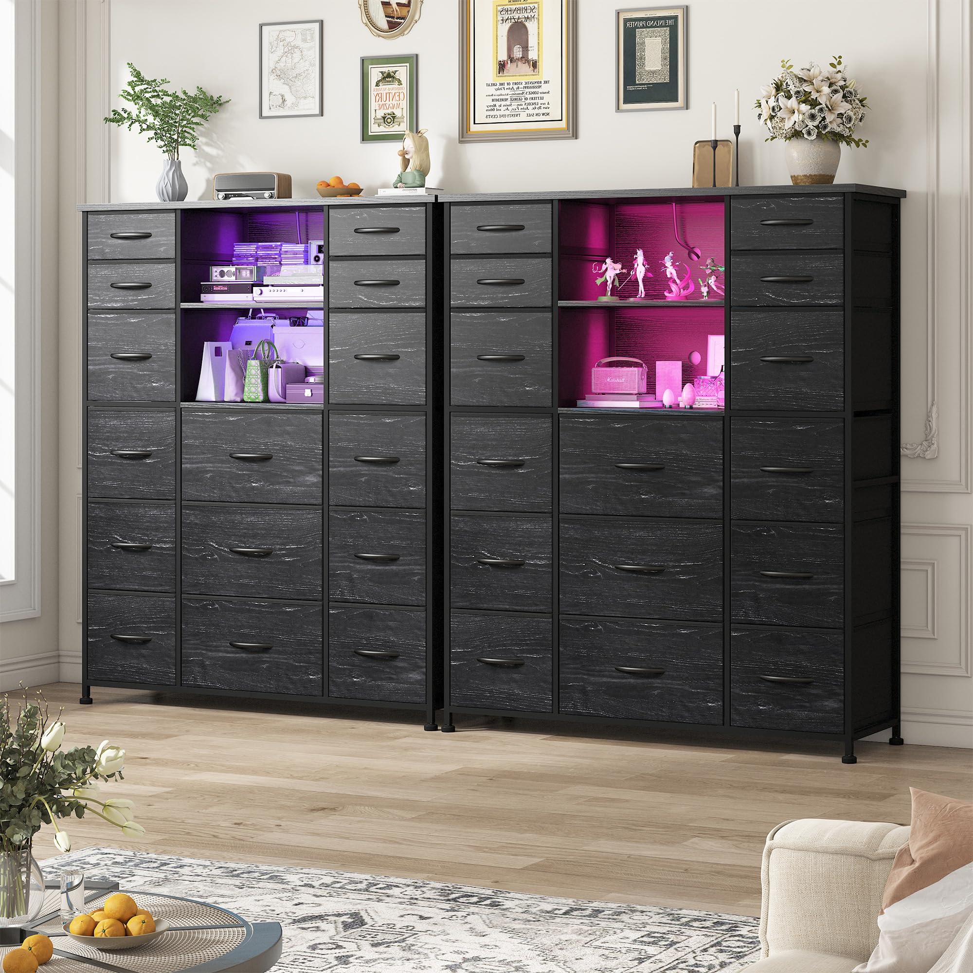 EnHomee 51" H Tall Dressers with Hutch 15 Drawer Dresser for Bedroom with Charging Station & LED Lights Sturdy Black Bedroom Dresser,Steel Frame, Wood Top, 51.2" H x 39.3" W x 11.8" D