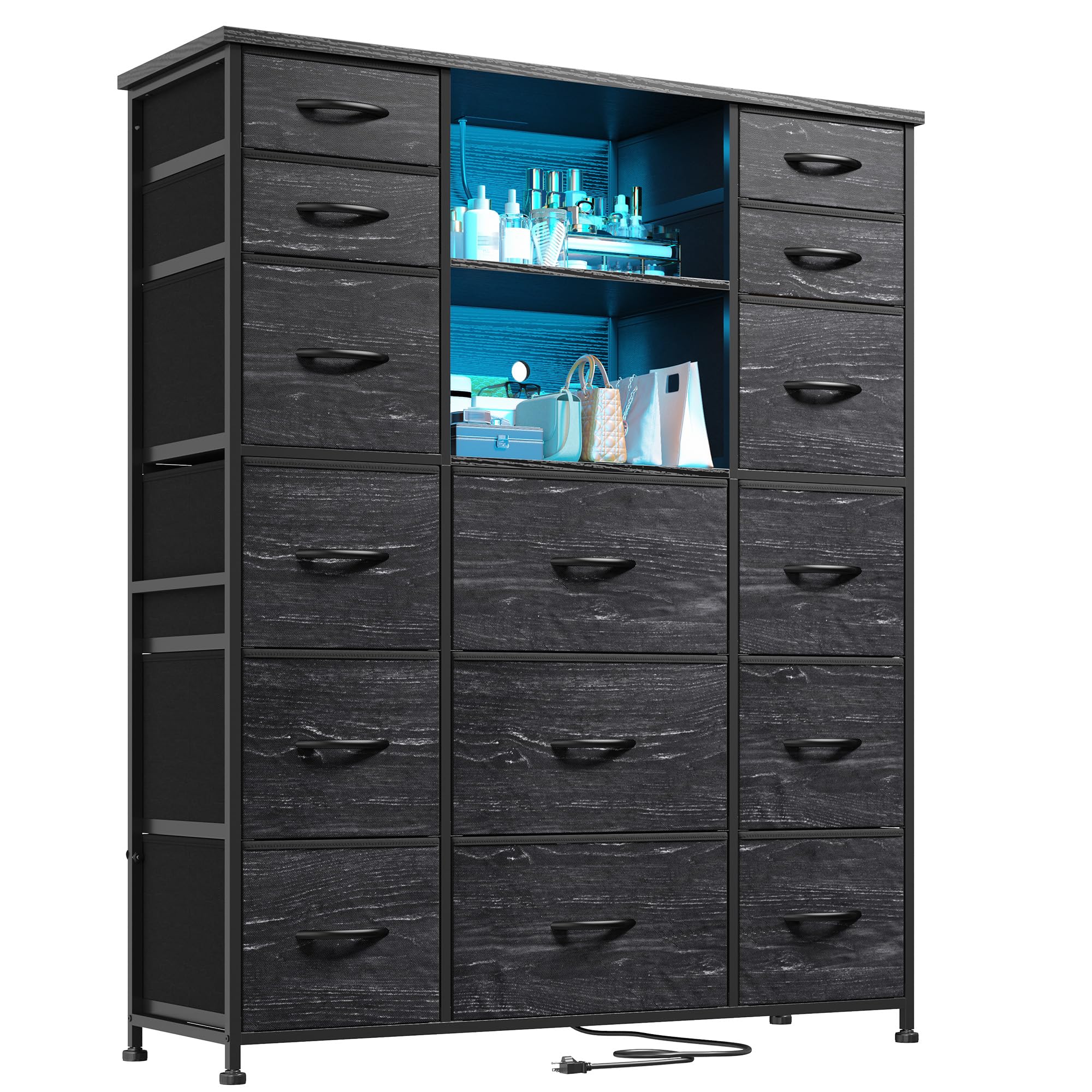 EnHomee 51" H Tall Dressers with Hutch 15 Drawer Dresser for Bedroom with Charging Station & LED Lights Sturdy Black Bedroom Dresser,Steel Frame, Wood Top, 51.2" H x 39.3" W x 11.8" D