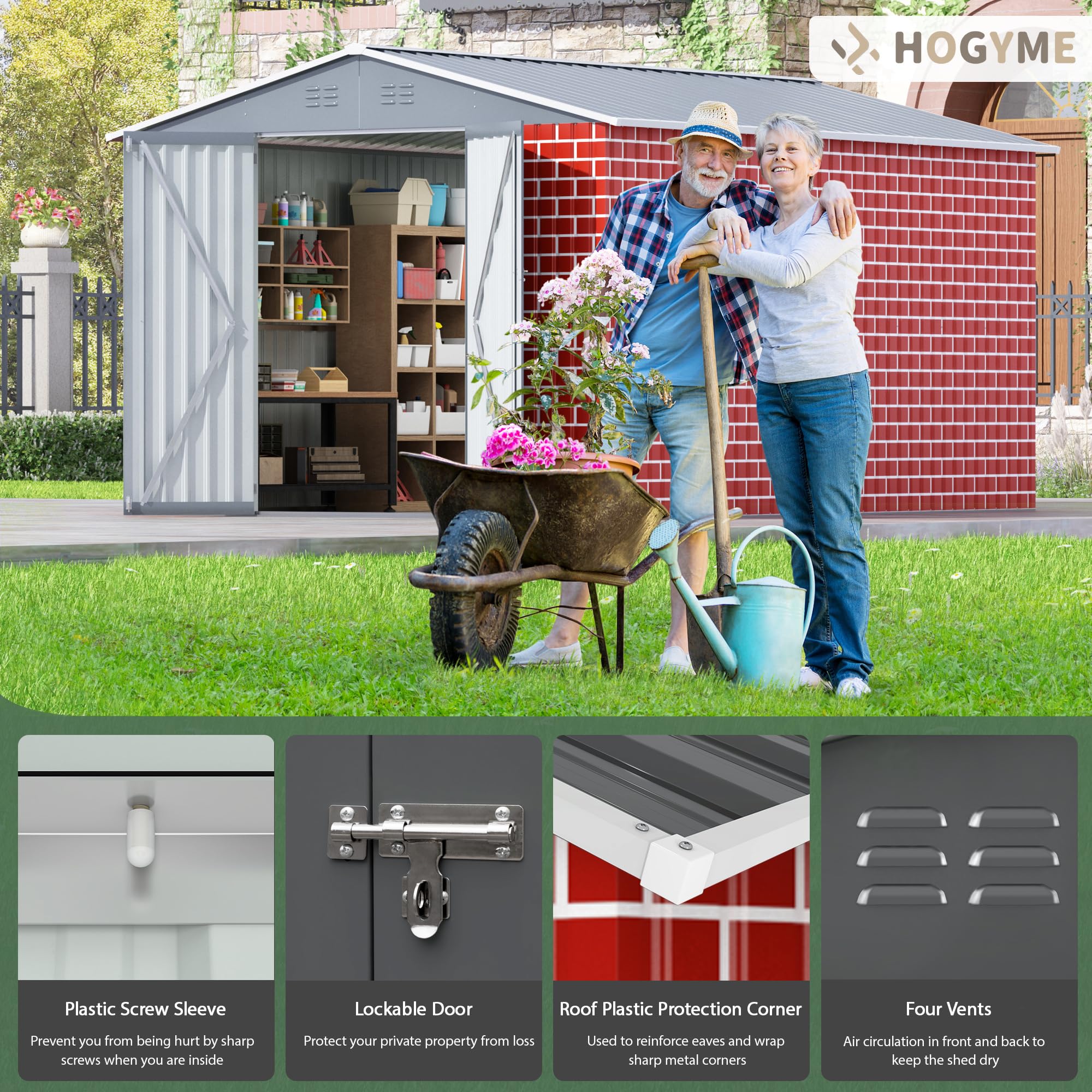 HOGYME 8x12 FT Outdoor Storage Shed, Large Metal Tool Sheds with Updated Frame Structure and Lockable Doors, Garden Shed for Backyard Garden Patio Lawn Red