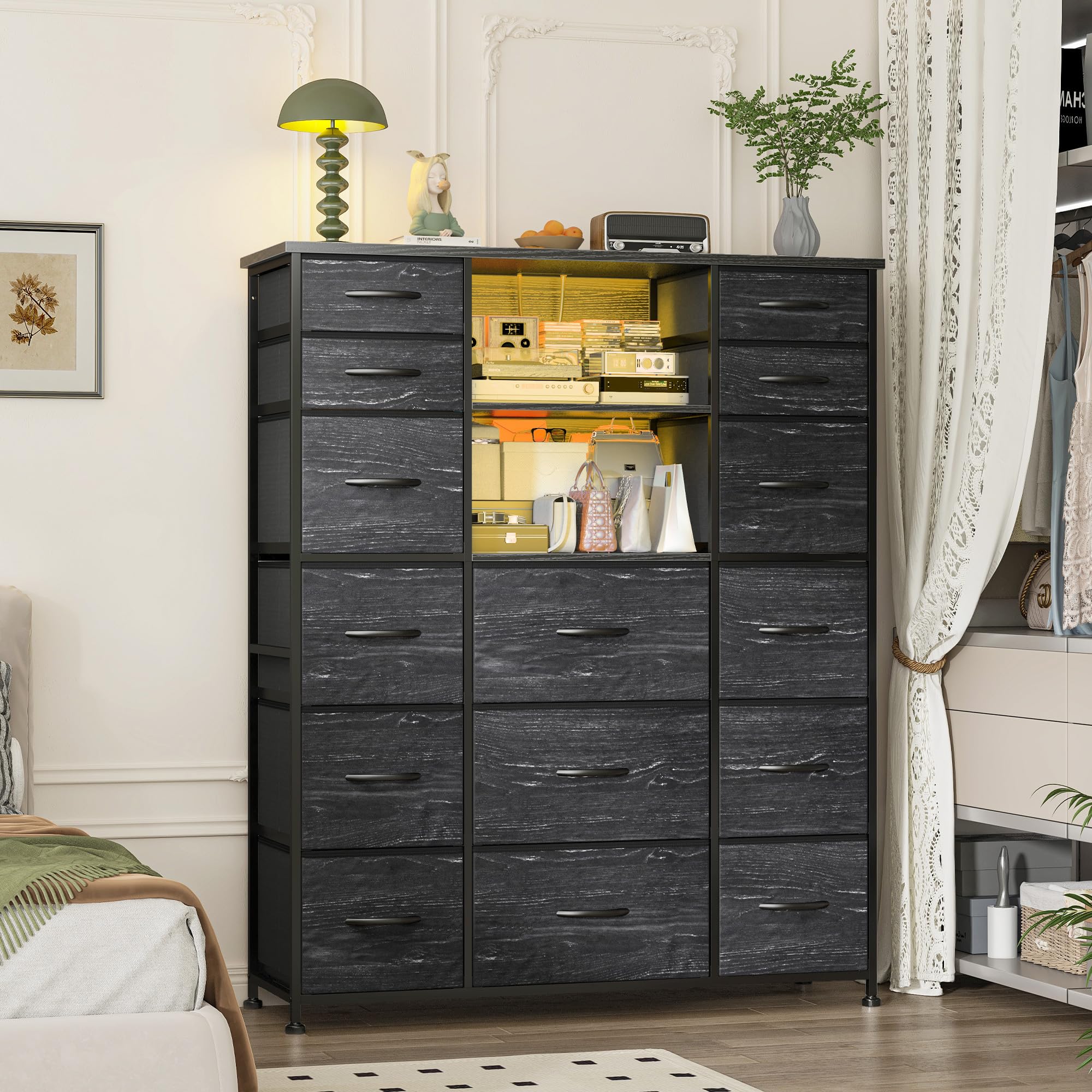 EnHomee 51" H Tall Dressers with Hutch 15 Drawer Dresser for Bedroom with Charging Station & LED Lights Sturdy Black Bedroom Dresser,Steel Frame, Wood Top, 51.2" H x 39.3" W x 11.8" D