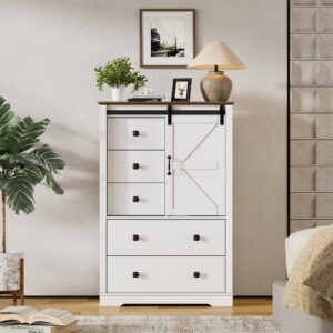 PAKASEPT 5 Drawers Dresser, Farmhouse Modern Tall Dresser 5 Chest of Drawers, Sliding Barn Doors Dresser Chests for Bedroom, Hallway, Living Room, Kids Room