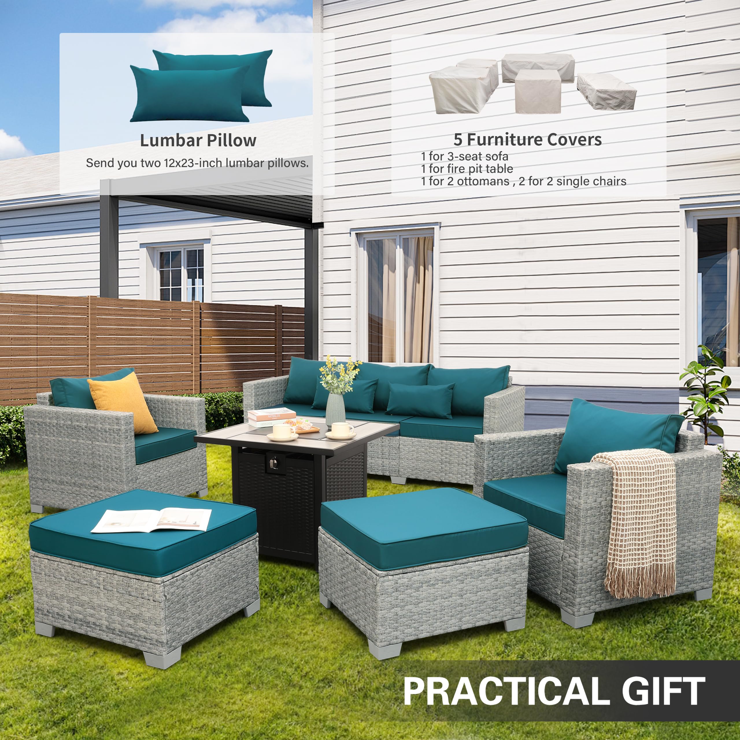 WAROOM Patio Furniture Set 6 Piece Outdoor Patio Set Grey Wicker Balcony Furniture Conversation Sets PE Rattan Couch Sofa with Fire Pit Table, Peacock Blue Cushion