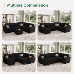 HONBAY Modular Sectional Sleeper Sofa with Pull Out Bed, Velvet Convertible L Shaped Sectional Couch with Storage Seat, Sectional Couches for Living Room, Balck