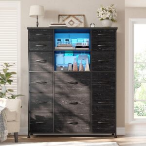 EnHomee 51" H Tall Dressers with Hutch 15 Drawer Dresser for Bedroom with Charging Station & LED Lights Sturdy Black Bedroom Dresser,Steel Frame, Wood Top, 51.2" H x 39.3" W x 11.8" D