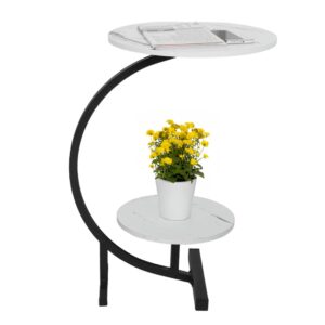 baoyouni round end storage table c-shaped sofa coffee side table circle potted plant stand with shelf and metal frame for small spaces, living room, bedroom, office