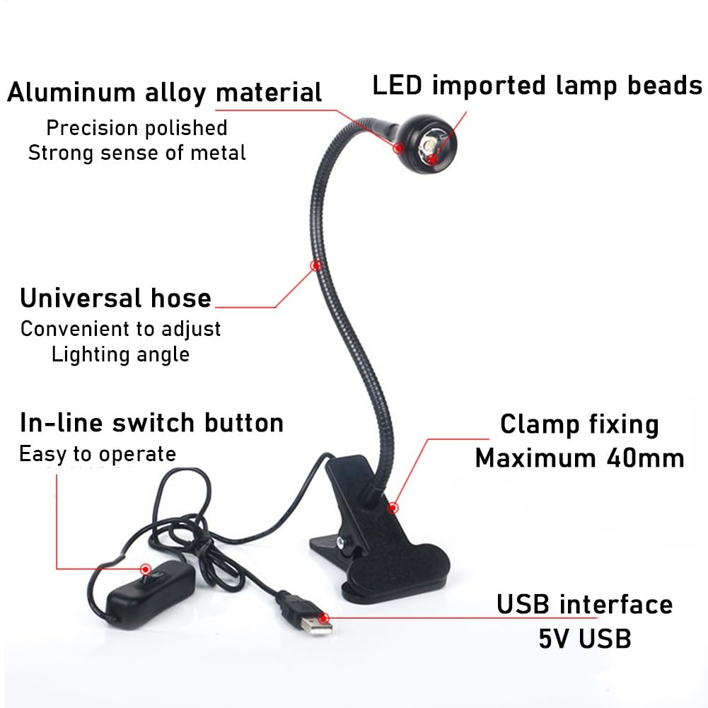 SHHUAOIL 1W LED Machine Light LED Work Light with USB 5V Flexible Gooseneck and Clamp Base Aluminum Alloy Long Life Fast Heat Dissipation High Brightness Easy to Operate for Home Use Reading Light