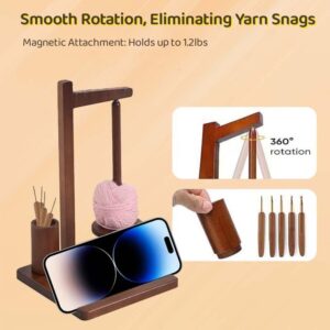 Yarn Holder for Crocheting Wooden Yarn Rack Stand with Phone Stand, Crochet Hook Storage and Magnetic Yarn Ball Holder Spinner