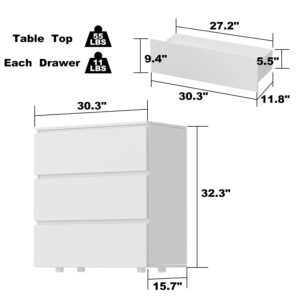 Homsee Modern 3-Drawer Dresser Chest, Wooden Dresser Tower with Wide Storage Space, 30.3" L Dresser Closet for Living Room Bedroom Hallway (White)