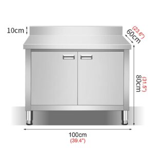 Stainless Steel Sliding Door Work Table Commercial Kitchen Restaurant Prep Table Metal Table with Raised Bezel Stainless Steel Storage Cabinet with Platform(100x60x80cm)