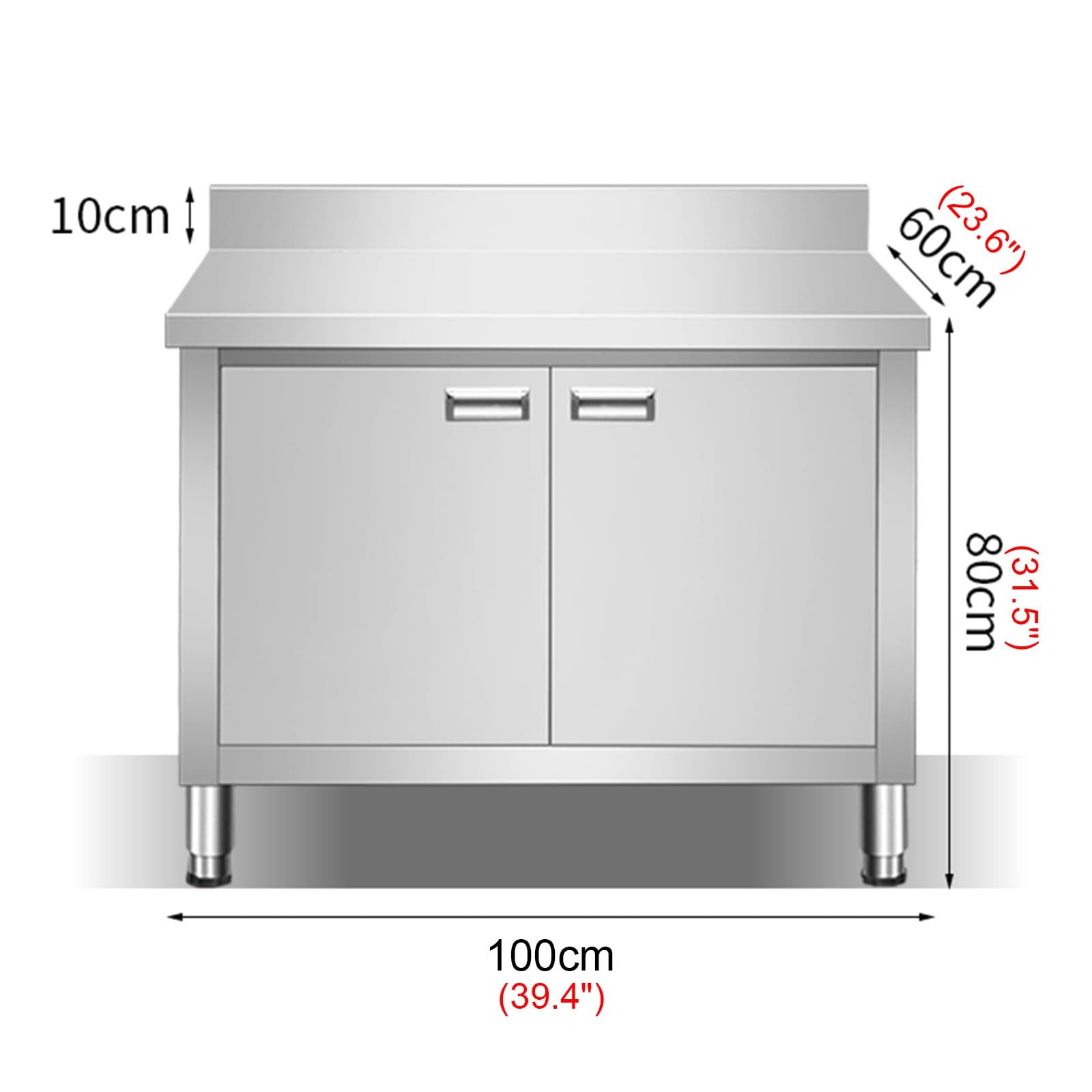 Stainless Steel Sliding Door Work Table Commercial Kitchen Restaurant Prep Table Metal Table with Raised Bezel Stainless Steel Storage Cabinet with Platform(100x60x80cm)