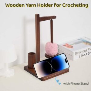 Yarn Holder for Crocheting Wooden Yarn Rack Stand with Phone Stand, Crochet Hook Storage and Magnetic Yarn Ball Holder Spinner