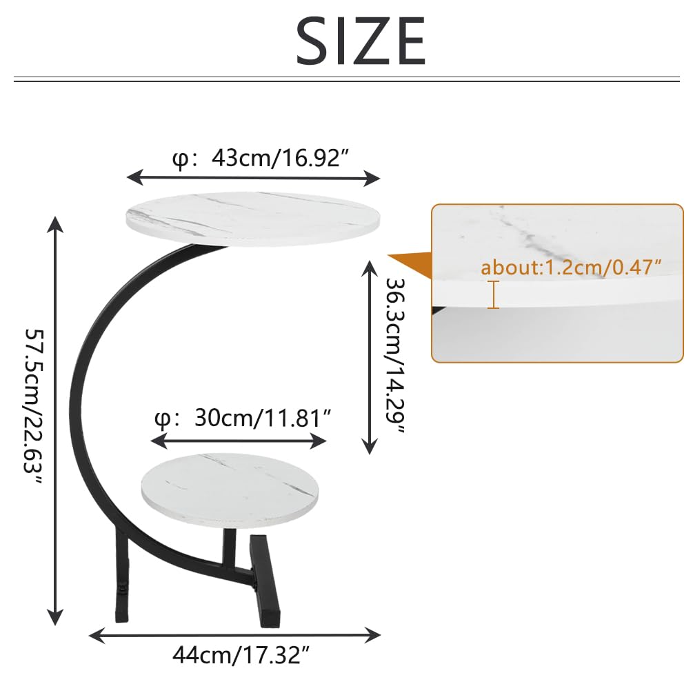 BAOYOUNI Round End Storage Table C-Shaped Sofa Coffee Side Table Circle Potted Plant Stand with Shelf and Metal Frame for Small Spaces, Living Room, Bedroom, Office