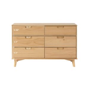 Walker Edison Mid-Century Modern Grooved Handle Wood 6-Drawer Dresser, 52 Inch, Natural Pine