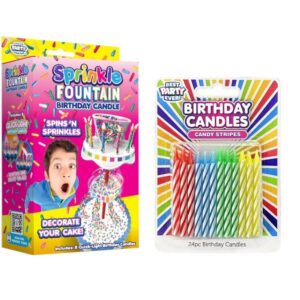 BEST PARTY EVER! Sprinkle Fountain Birthday Candle with 32 Candles, Reusable Sprinkle Spinning Birthday Cake Topper, Decorate Your Cake in Sprinkles