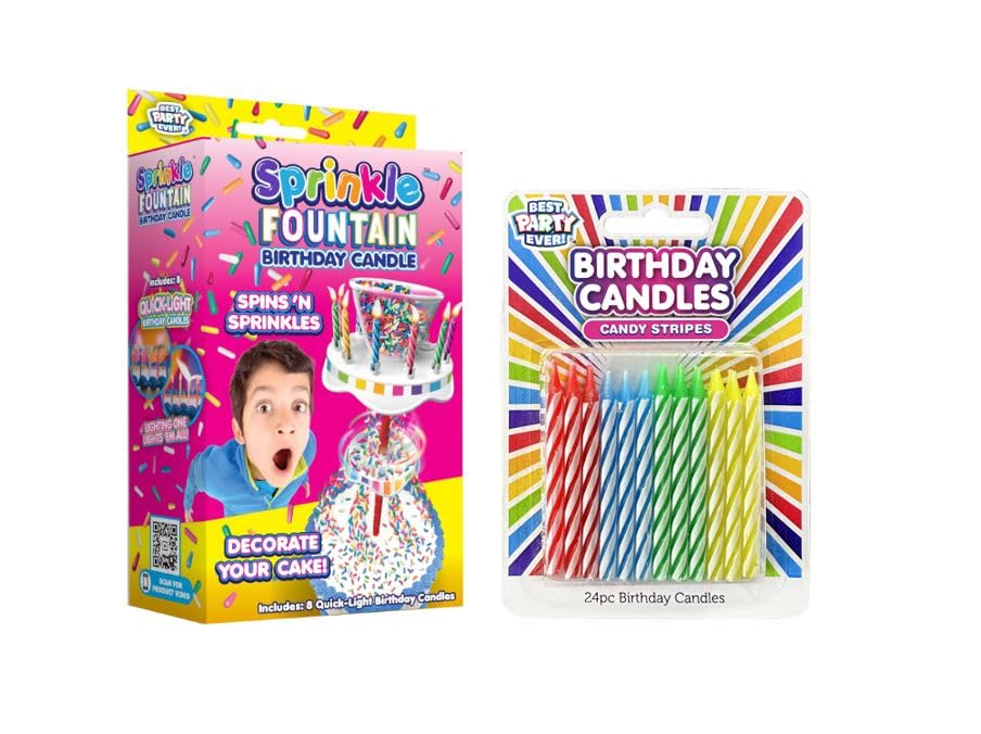 BEST PARTY EVER! Sprinkle Fountain Birthday Candle with 32 Candles, Reusable Sprinkle Spinning Birthday Cake Topper, Decorate Your Cake in Sprinkles