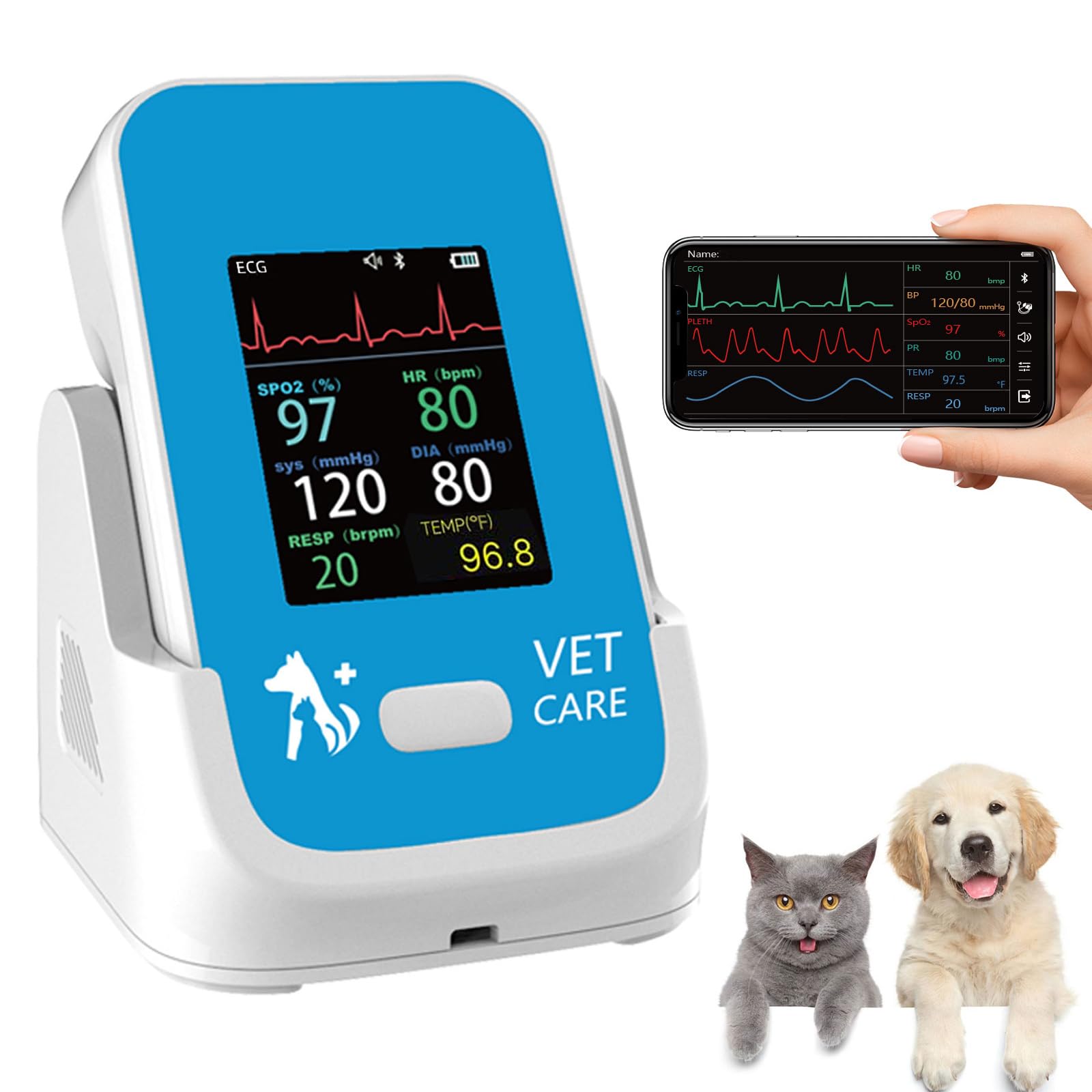 Veterinary Blood Pressure Monitor for Dog,Pulse Oximeter for Pet with Bluetooth,6 Parameters Veterinary Patient Monitoring Equipment,Rechargeable Animal Vital Signs Monitor for Family Clinic Use