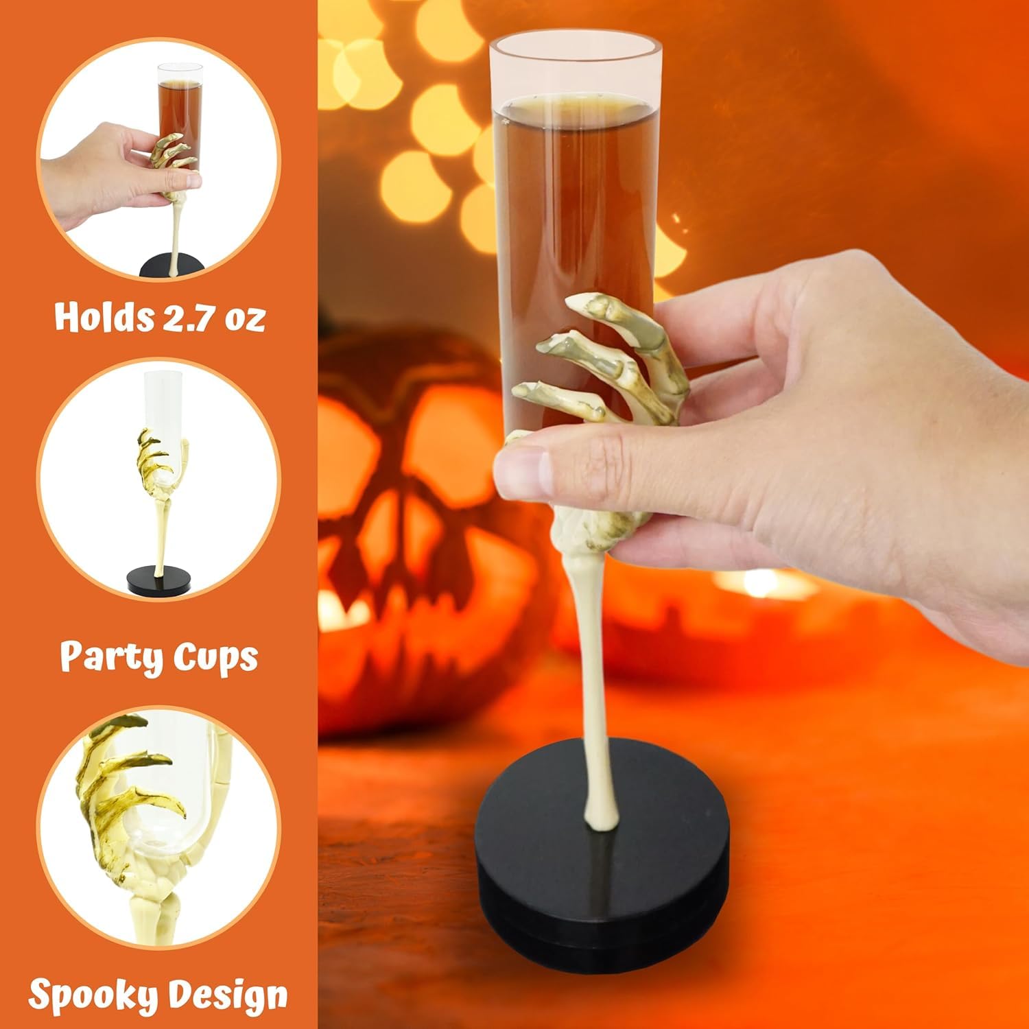 4E's Novelty Skeleton Hand Flutes 12 Pack - Premium Clear Plastic Halloween Champagne Cocktail Goblets (2.7oz) BPA-Free Drinking Glasses for Spooky Parties, Halloween Skeleton Wine Glasses