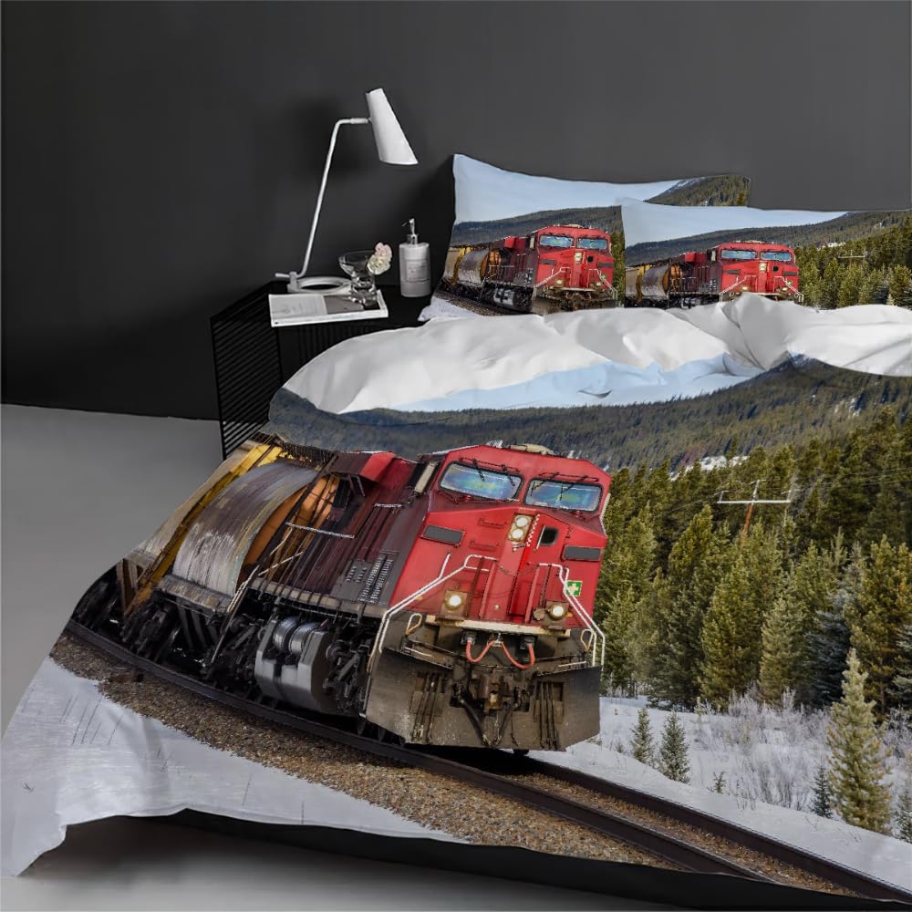 HONEDON Diesel Locomotive 3D Print Pattern Duvet Cover Retro Train Pattern Bedding Set with 2 Pillowcases Microfiber Bedspread Cover Zipper 3 Pieces(1 Duvet Cover + 2 Pillowcase 20" x 30")