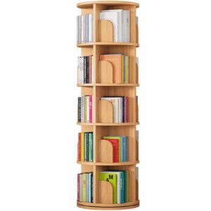 feuusec solid wood rotating bookshelf tower, 5 tier 360° display, stackable spinning bookshelf for kids & adults, corner bookshelf for small space, narrow book shelf organizer