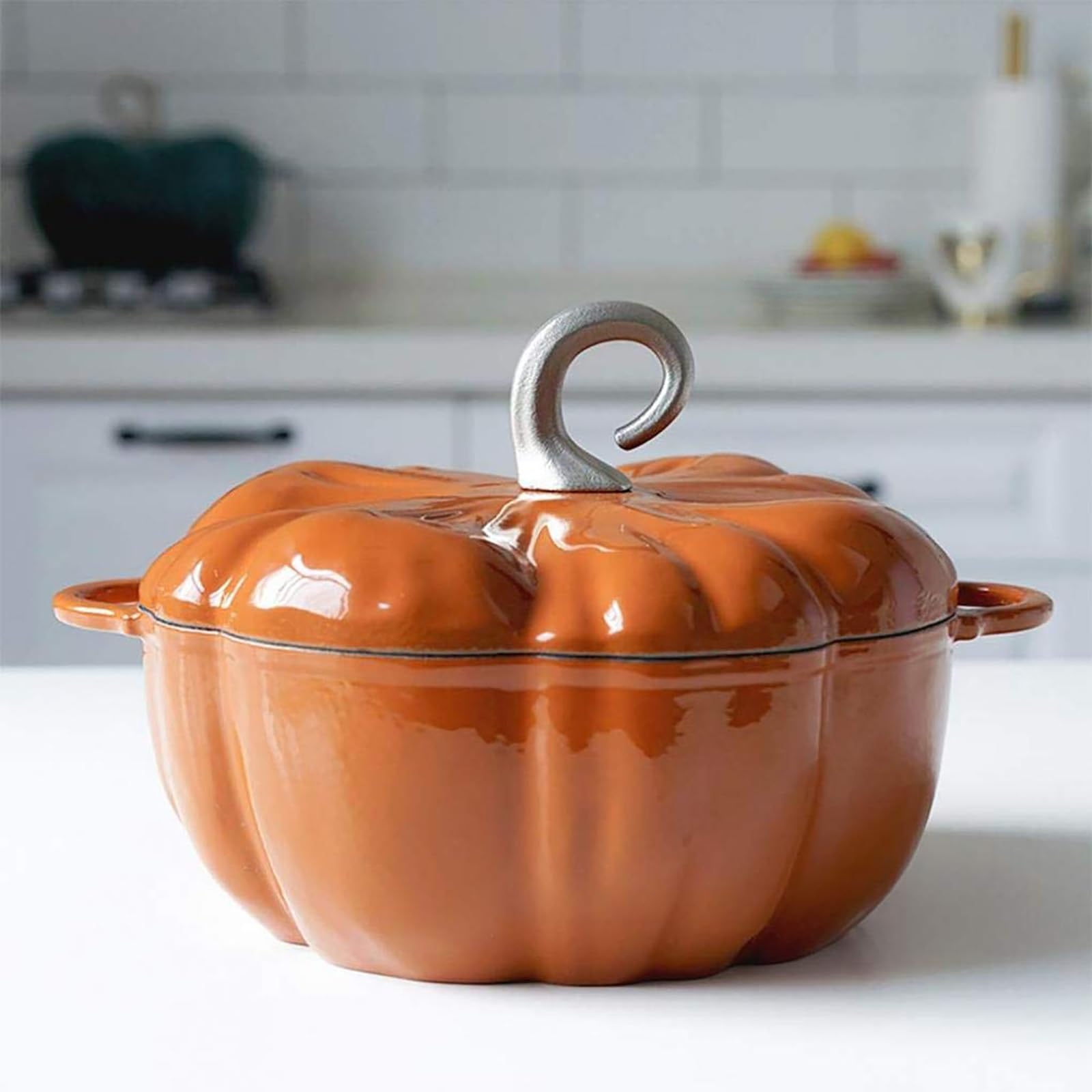 3.7L Pumpkin Shape Cooking Pot Enamel Pot, Ceramic Coated Cast Iron Cookware, Ceramic Pots for Cooking with Lid, Stew Pot Soup Pot, Serves 3-5, Halloween Thanksgiving Decor Pot Gift (Orange)