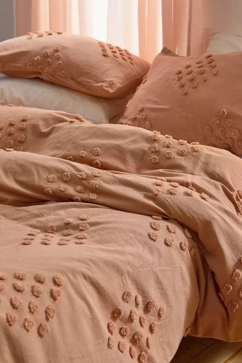 HANDICRAFT HANDLOOM Burn Orange Boho Duvet Cover Twin Size-68"x90" Tufted Duvet Cover for All Seasons Bedding with Pillow Cover Set 100% Washed Cotton 3 Pieces Tufted Embroidery for Home (D-3)