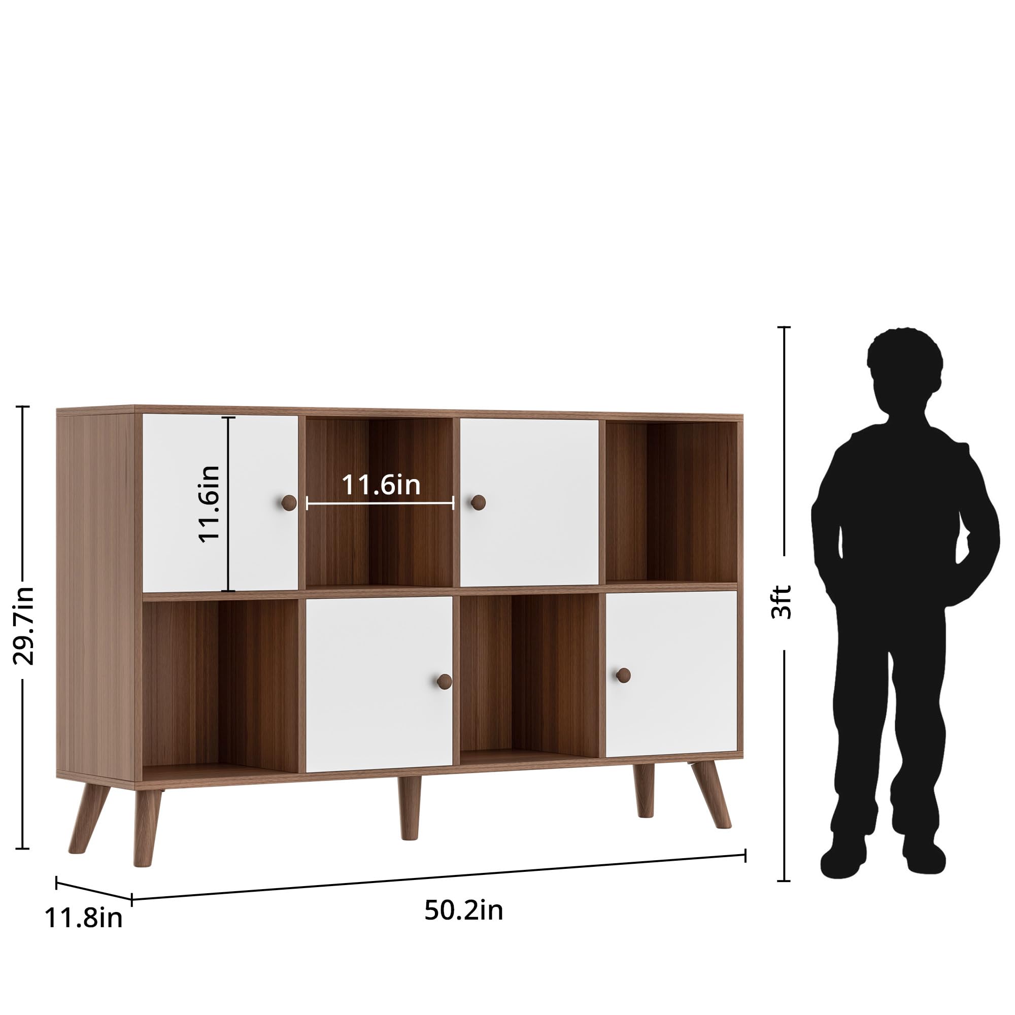 DIYART Brown and White 8 Cube Bookcase Organizer, 2-Tier Bookshelf with Doors, Wooden Cubby Display Bookcase, Storage Cabinet for Living Room, Bedroom, Home Office