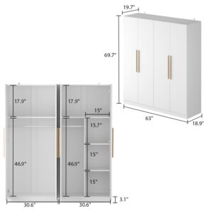 AIEGLE Wardrobe Armoire Closet with 4 Door, Large Freestanding Armoire Wardrobe Cabinet with Shelves & 3 Hanging Rods, Bedroom Wood Clothes Storage Cabinet Organizer, White 63" W