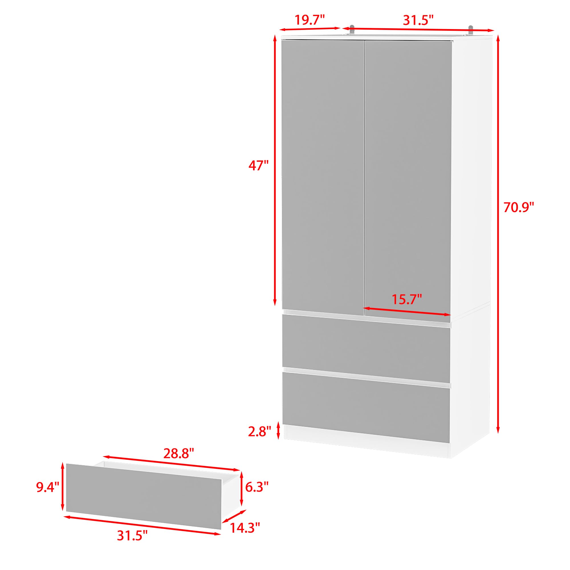 Hitow Wardrobe Armoire Closet with Full Length Mirror, Freestanding Wardrobe Cabinet with Hanging Rod & 2 Drawers, Bedroom Storage Cabinet Clothes Organizer, White (19.5" D x 31.5" W x 70.9" H)