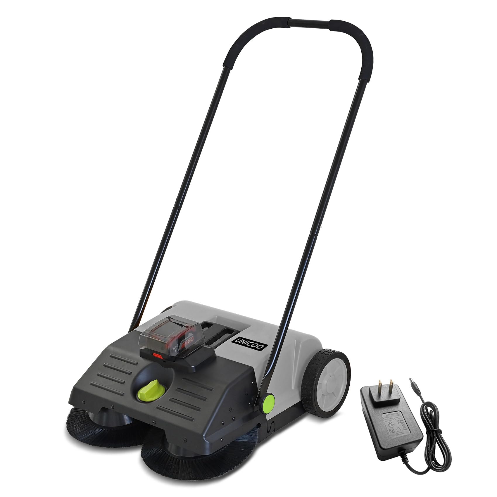 UNICOO Electric Hand Push Sweeper - Battery Powered Floor Sweeper, Walk Behind Floor Sweeper, Efficient Push Sweeper for Indoor and Outdoor Cleaning. 23" Sweeping Width, 6.6 Gallon Waste Container