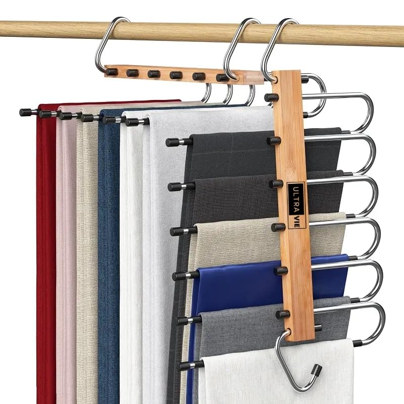 NV Wood Wardrobe Organizer Racks – Space-Saving 6-Layer Wooden Closet Hangers, Multi-Functional for Pants, Skirts, Scarves & More, 2-Pack (Horizontal & Vertical Use)