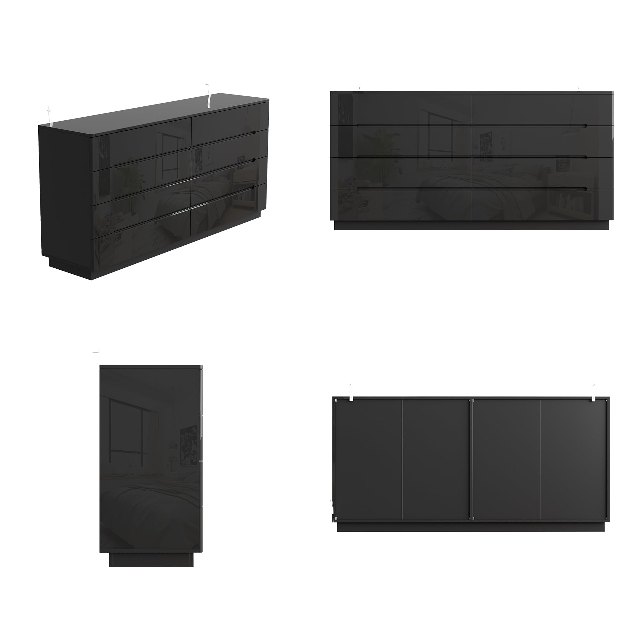 Homsee Large 8 Drawer Double Dresser with Light, Modern Dresser Chest of Drawers with High Glossy Surface for Bedroom, Black (63”W x 15.7”D x 30.9”H)