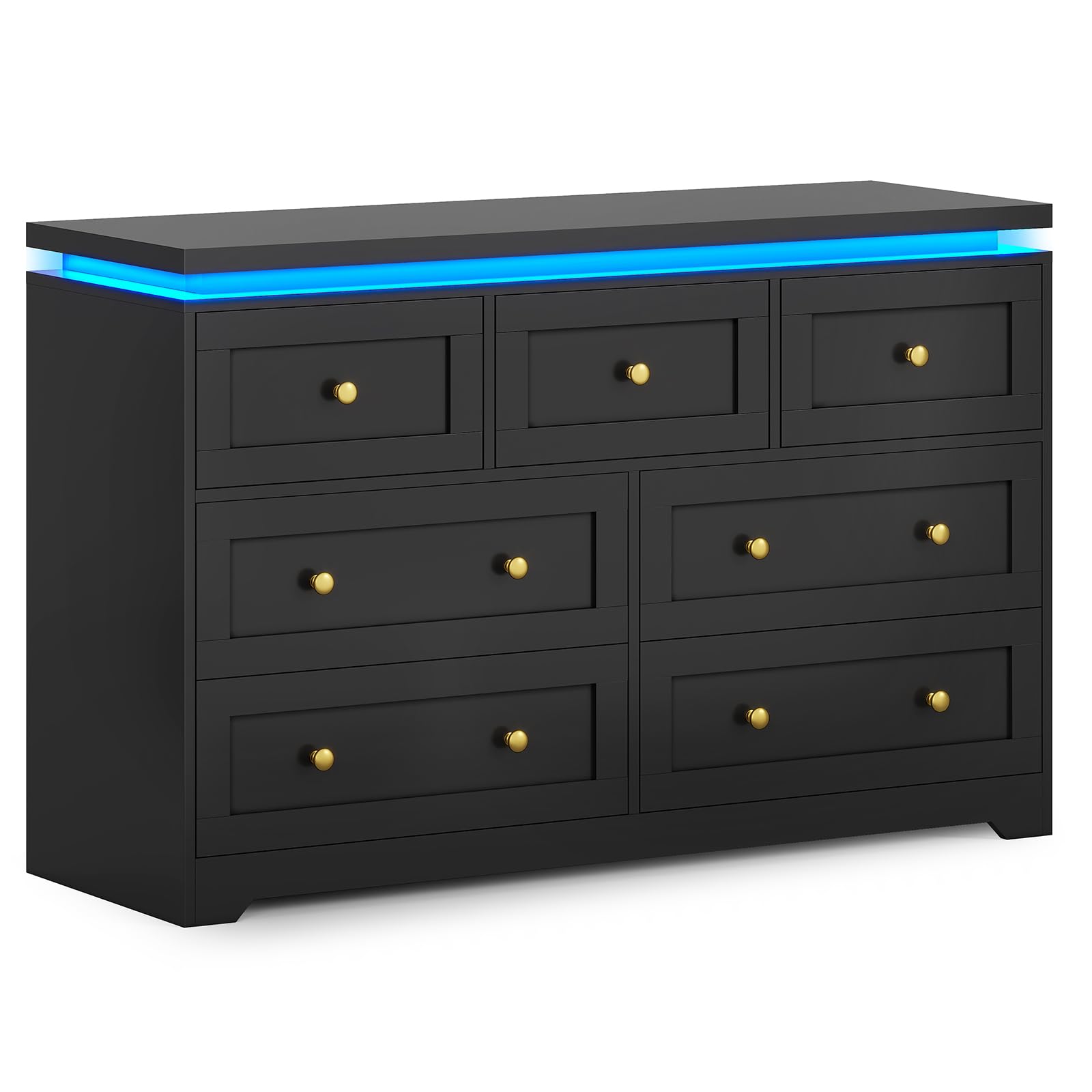 AOGLLATI Dresser for Bedroom, Black Dresser with 7 Drawers, Dressers & Chest of Drawers, Modern Led Wide Long Bedroom Dresser with Top Floating Design for Bedroom Hallway,Black