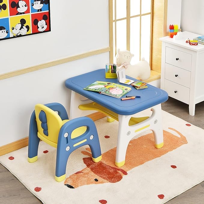 Nightcore Baby Table & Chair Set with Storage Rack, Dinosaur Shaped Children's Desk Set, Building Block Table, Suitable for Boys & Girls