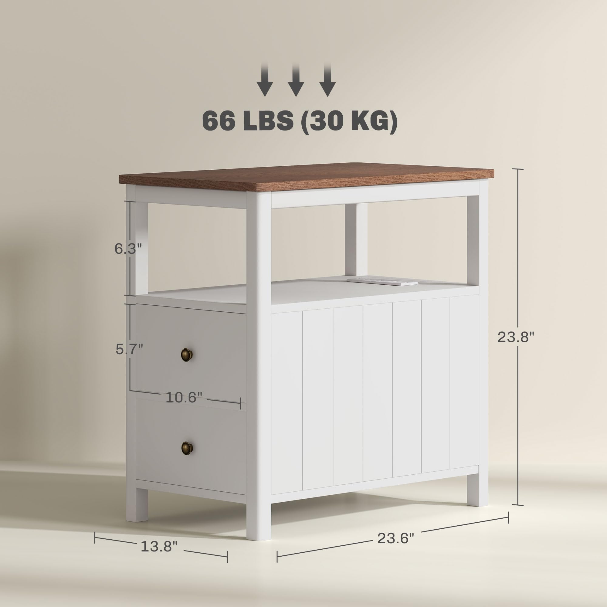 HOMCOM Modern End Table with Charging Station and USB Ports, Narrow Side Table with Drawers & Shelf for Living Room, White