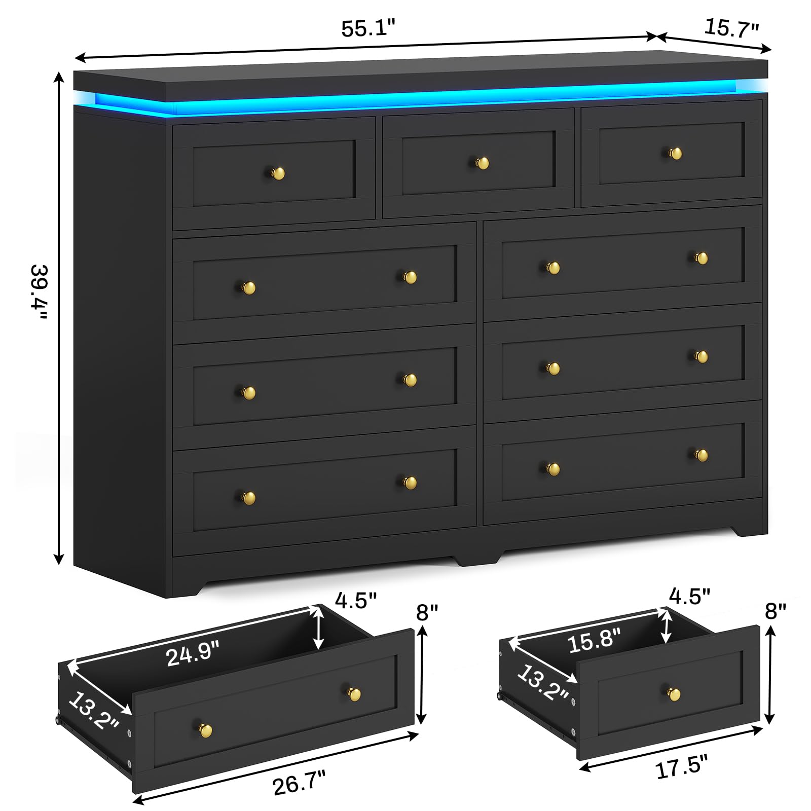 AOGLLATI Tall Dresser for Bedroom with 9 Drawers,55.1” Long Black Dresser with Led Lights, Modern Chest of Drawers, Led Wide Bedroom Dresser with Top Floating Design for Bedroom Hallway,Black