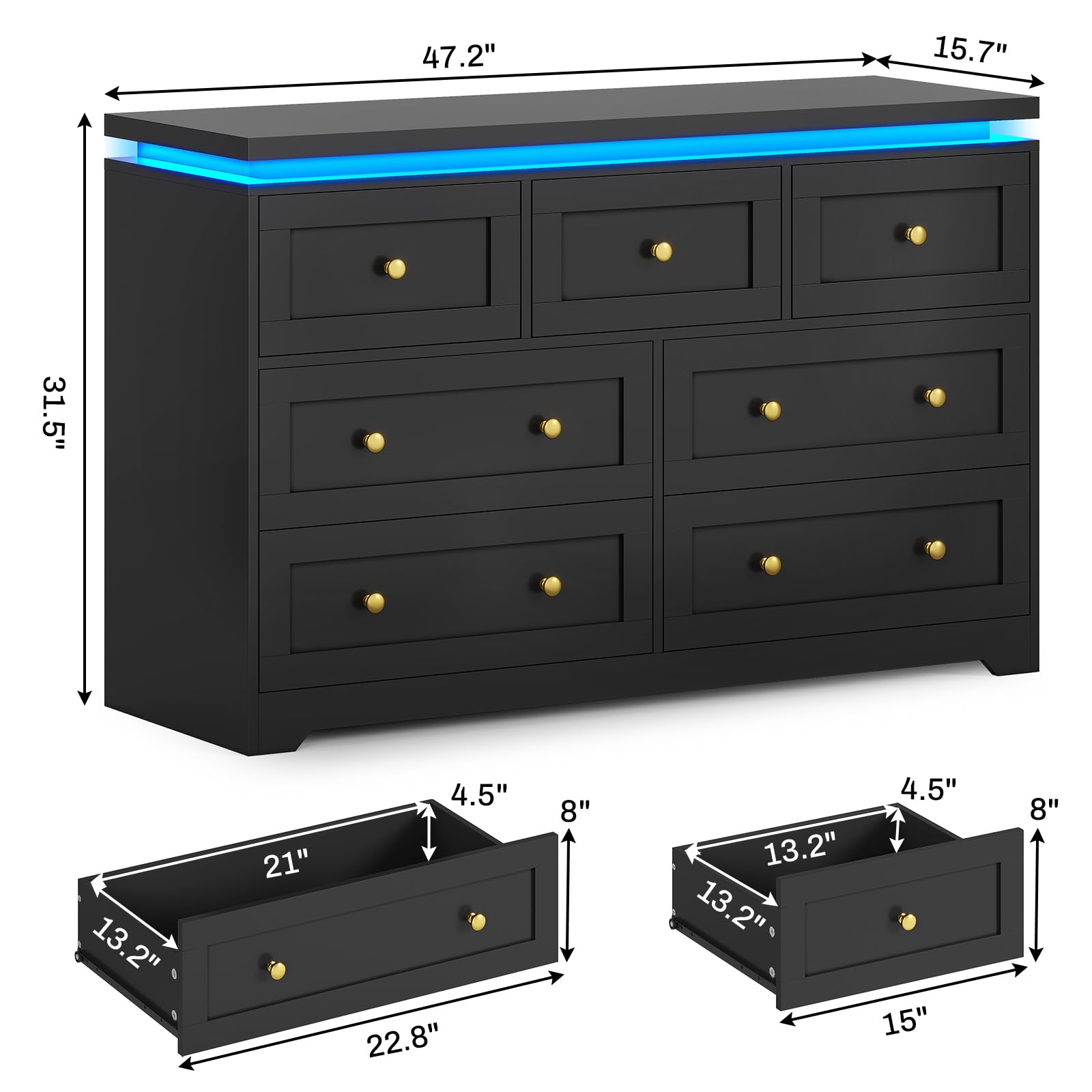 AOGLLATI Dresser for Bedroom, Black Dresser with 7 Drawers, Dressers & Chest of Drawers, Modern Led Wide Long Bedroom Dresser with Top Floating Design for Bedroom Hallway,Black