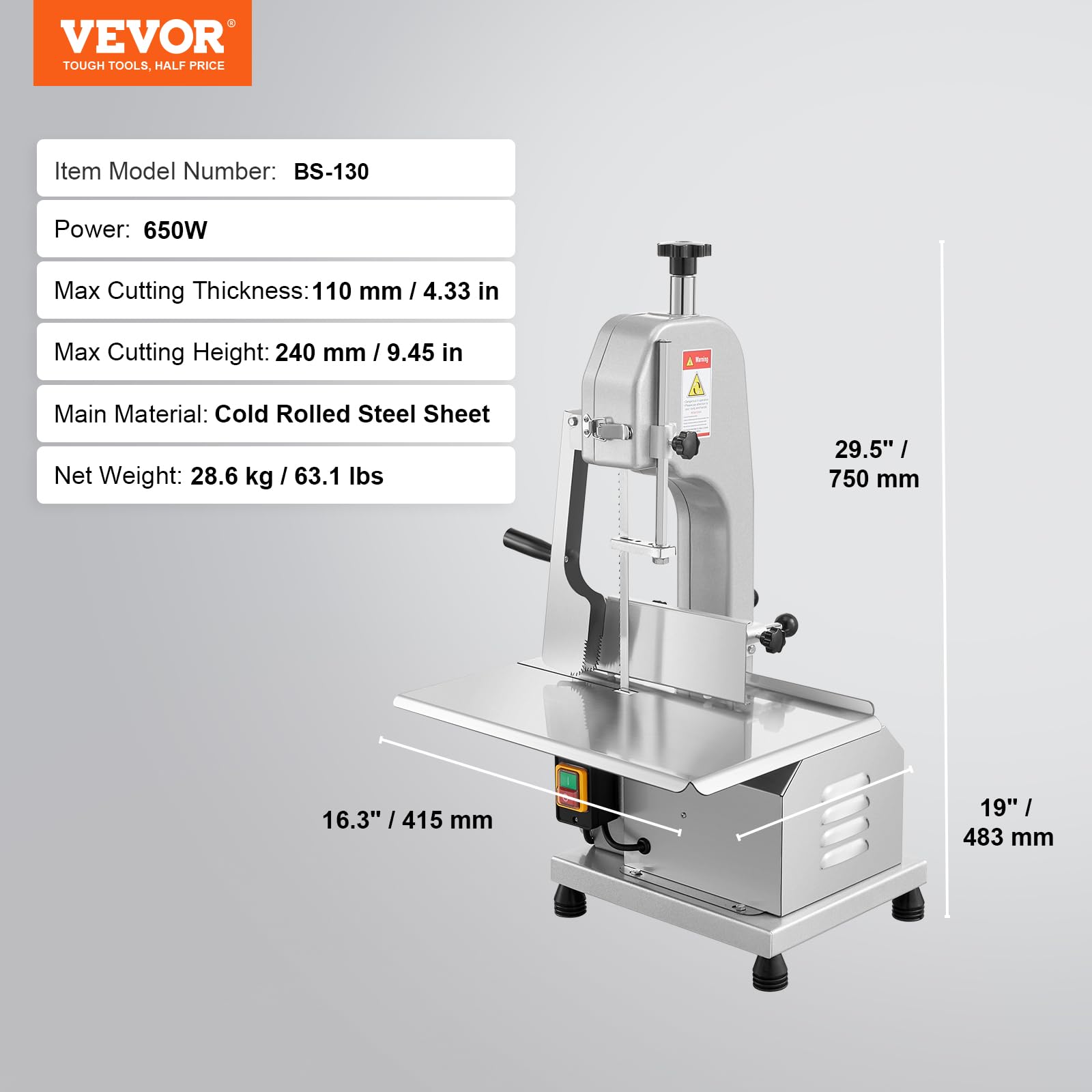 VEVOR Commercial Electric Meat Bandsaw, 650W Stainless Steel Countertop Bone Sawing Machine, Workbeach 12.4" x 18.1", 4.33 Inch Max Cutting Thickness, Frozen Meat Cutter for Rib Pork Beef