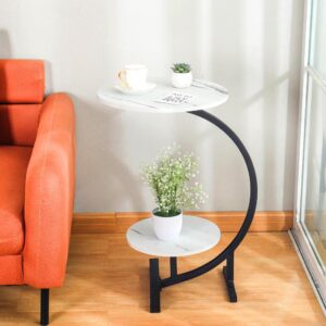 BAOYOUNI Round End Storage Table C-Shaped Sofa Coffee Side Table Circle Potted Plant Stand with Shelf and Metal Frame for Small Spaces, Living Room, Bedroom, Office