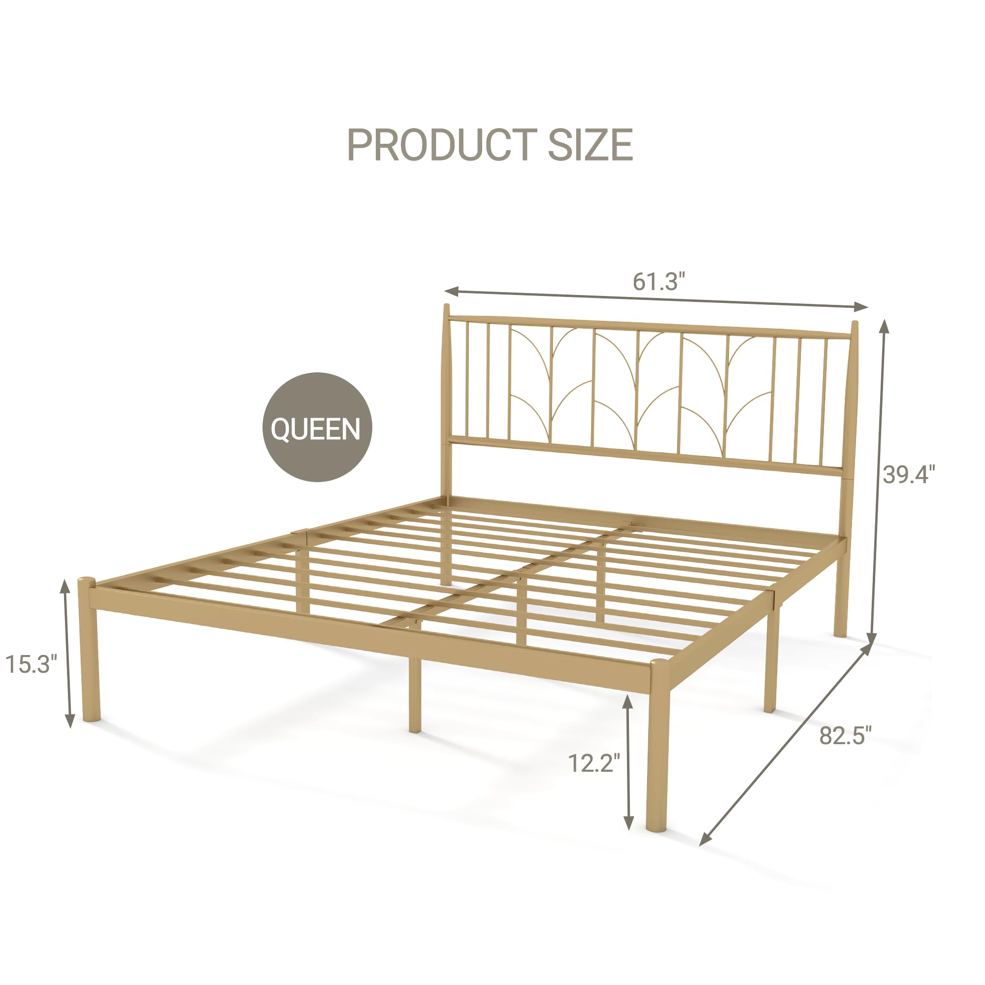 IDEALHOUSE Metal Bed Frame, Queen Platform Bed with Modern Style Headboard and Mattress Foundation with Spacious Underbed Storage, Spring Needed, Easy Assembly, Gold