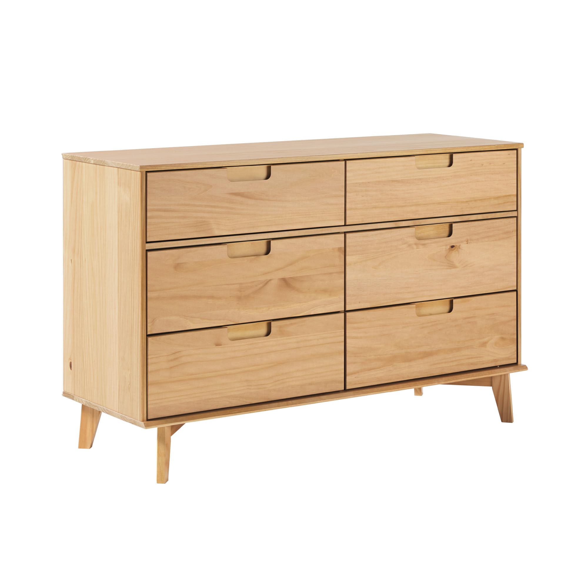 Walker Edison Mid-Century Modern Grooved Handle Wood 6-Drawer Dresser, 52 Inch, Natural Pine