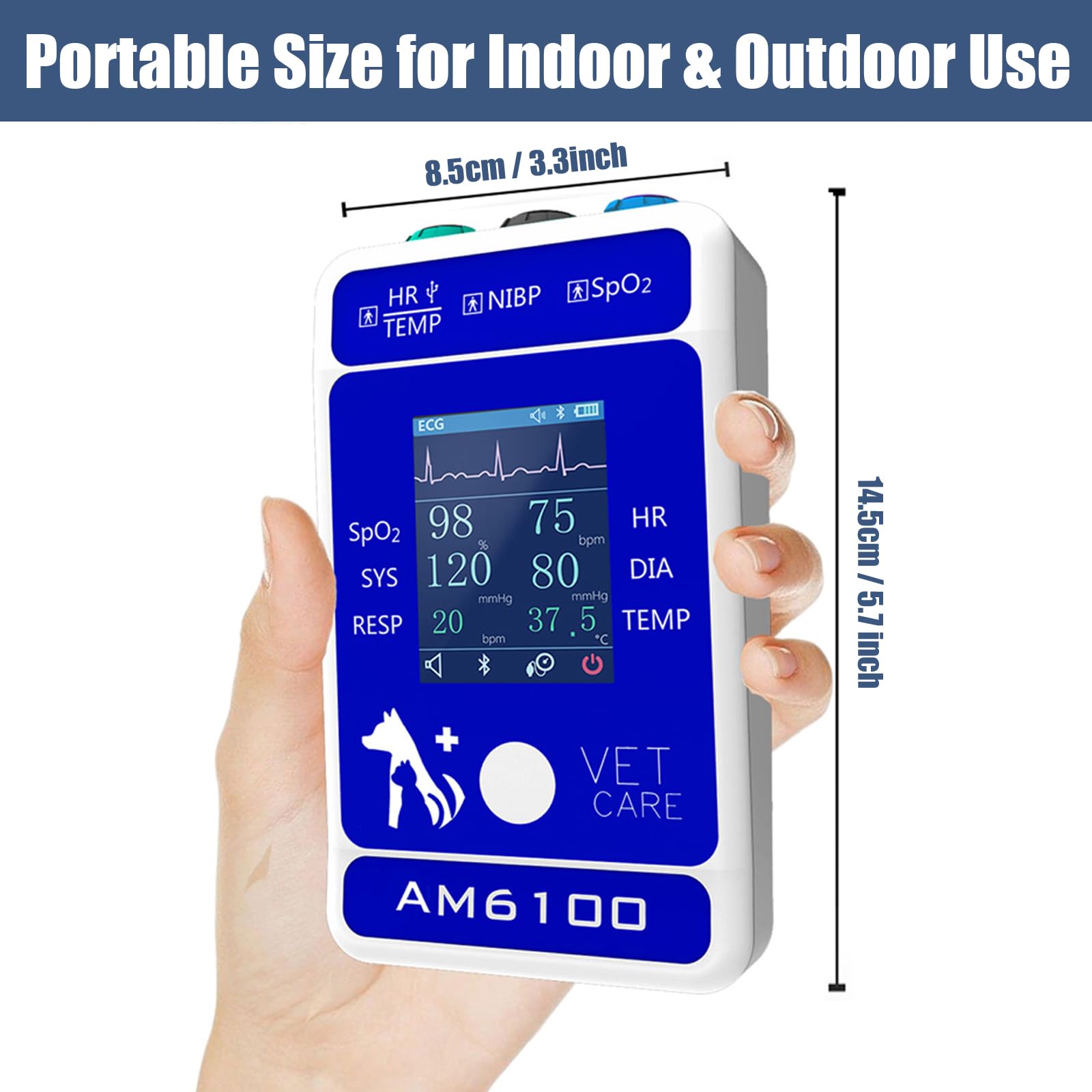 Handheld Veterinary Pulse Oximeter,Rechargeable Dog Blood Pressure Monitor, 6 Parameters Animal Patient Mnitoring Equipment with 2.4" Display and Bluetooth for Family Pets Cat Home Clinic Use