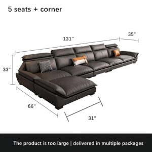 ZGNBSD Modern Leather Sectional Sofa - Ergonomic L-Shaped Couch with Feather-Filled Backrest, Luxurious Cat Claw Leather, and Durable Wood Frame - Comfortable Living Room Sofa (131 in)