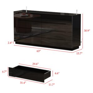 Homsee Large 8 Drawer Double Dresser with Light, Modern Dresser Chest of Drawers with High Glossy Surface for Bedroom, Black (63”W x 15.7”D x 30.9”H)