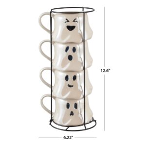 Way To Happiness 13-Ounce Halloween White Ghost Stoneware Stackable Mug Set with Iron Rack, Cute and Spooky Coffee Mugs