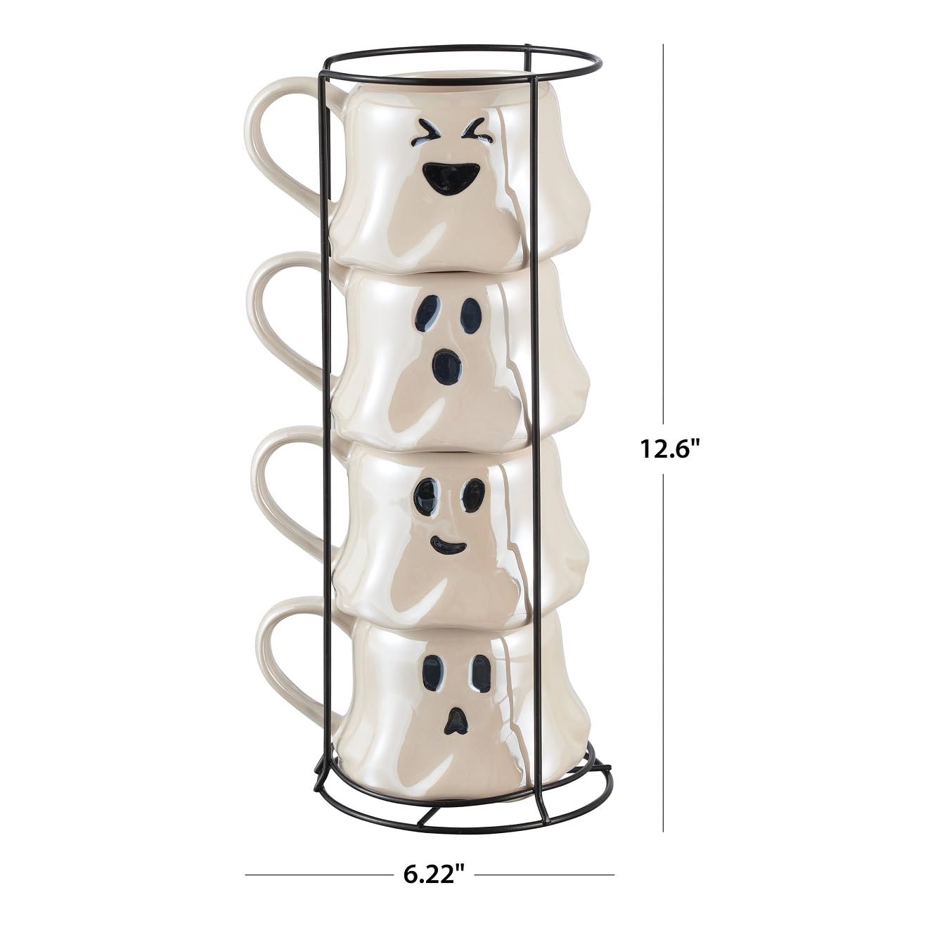 Way To Happiness 13-Ounce Halloween White Ghost Stoneware Stackable Mug Set with Iron Rack, Cute and Spooky Coffee Mugs