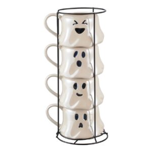 way to happiness 13-ounce halloween white ghost stoneware stackable mug set with iron rack, cute and spooky coffee mugs