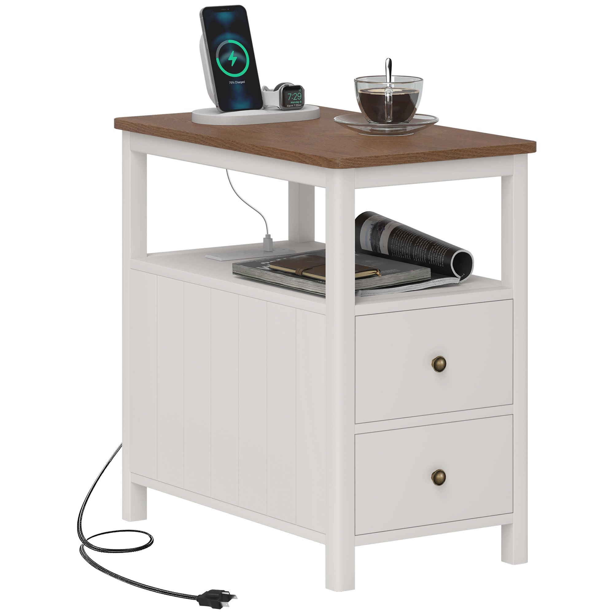 HOMCOM Modern End Table with Charging Station and USB Ports, Narrow Side Table with Drawers & Shelf for Living Room, White