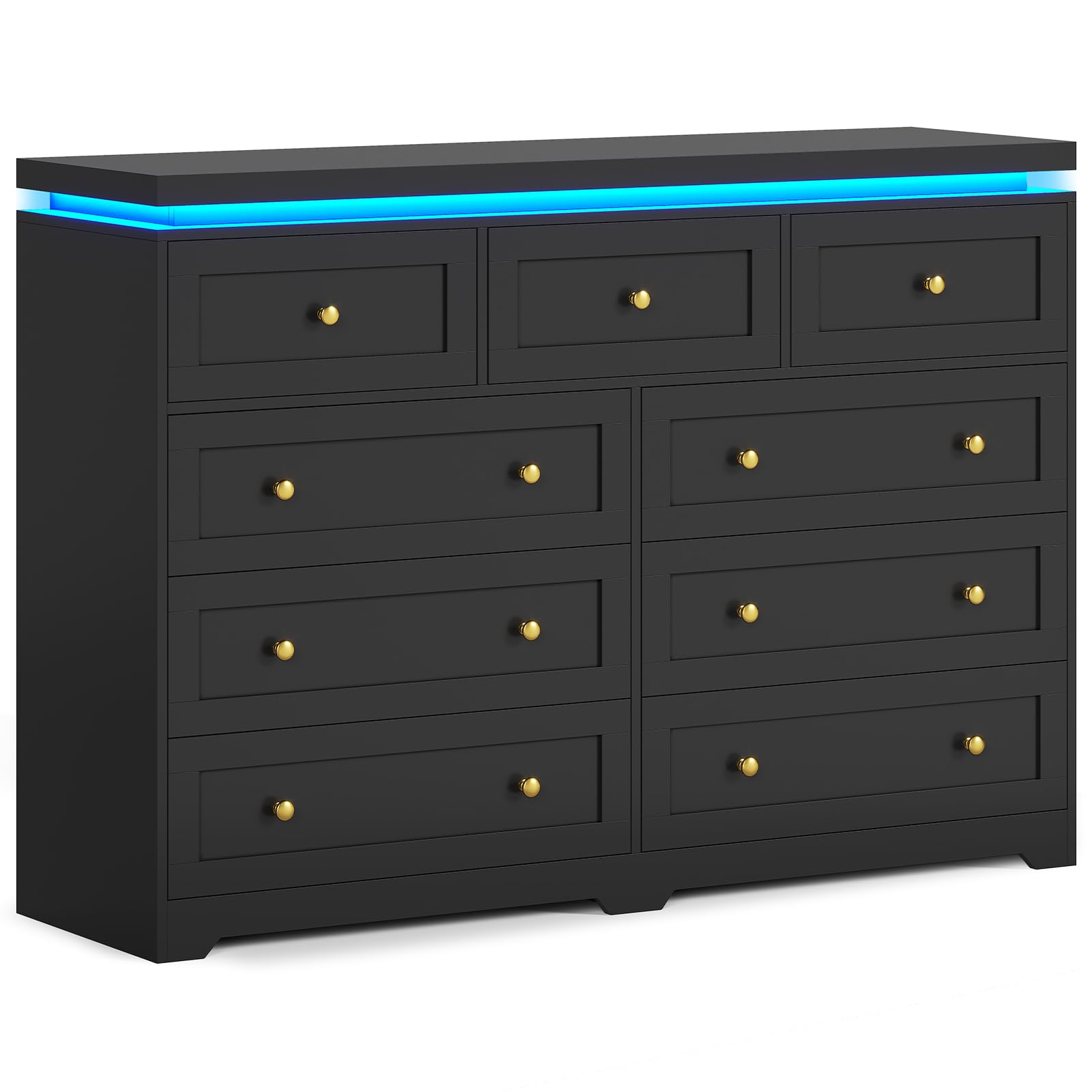 AOGLLATI Tall Dresser for Bedroom with 9 Drawers,55.1” Long Black Dresser with Led Lights, Modern Chest of Drawers, Led Wide Bedroom Dresser with Top Floating Design for Bedroom Hallway,Black